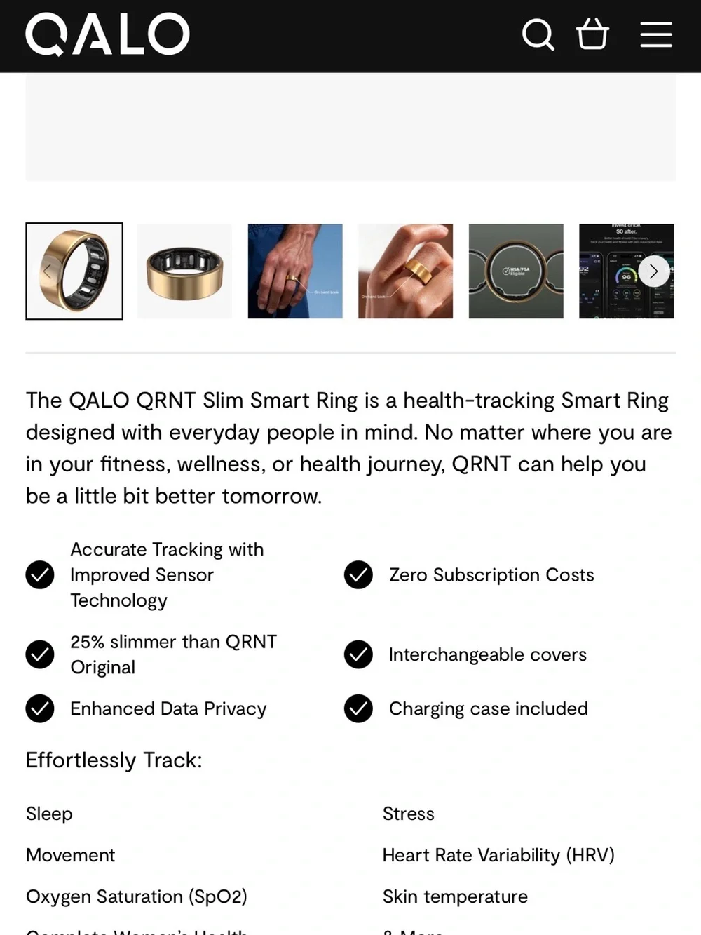 QALO Gold Smart Ring - Size 8 3 silicone guards included and white charging case
